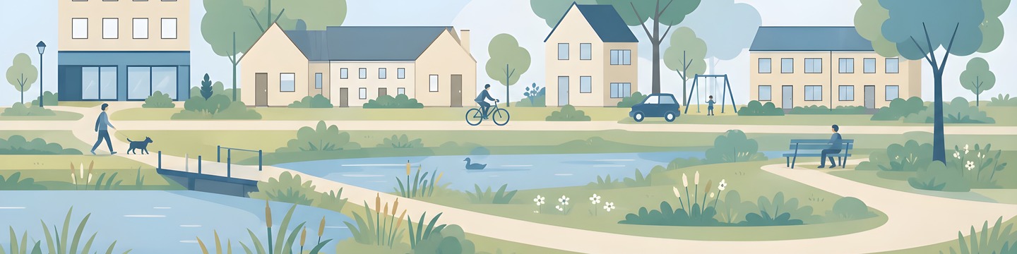 omslag foto van woonwijk met park en water