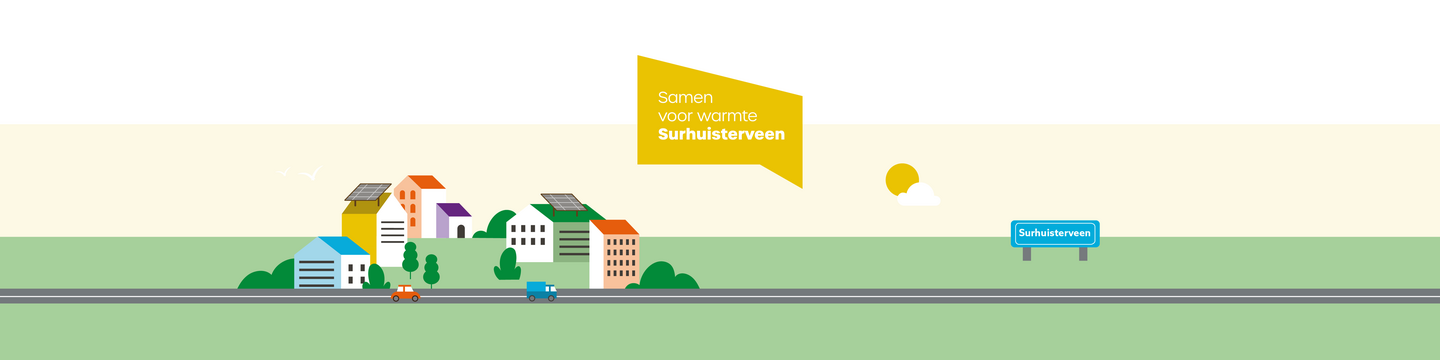 Illustratie zijaanzicht dorp Surhuisterveen en logo van Werkgroep