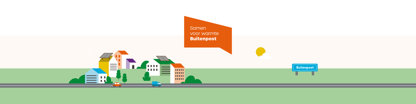 Illustratie zijaanzicht dorp Buitenpost en logo van Werkgroep