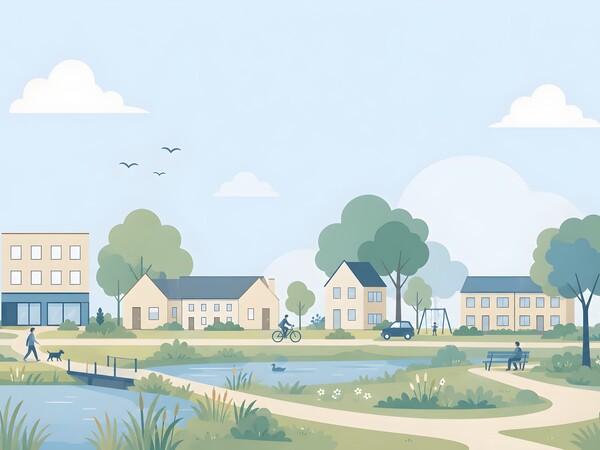 Schets van woonwijk met park en water
